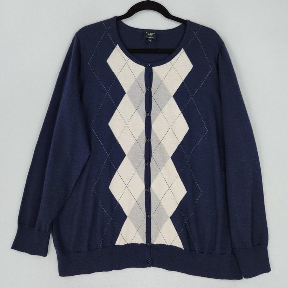 Talbots Sweaters - Talbots Sweater Womens 3XL Navy Blue Cream Italian Merino Wool Argyle Cardigan
